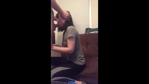 Cute college teen with bangs stuffing her face with dick