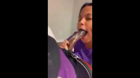 Chubby black GF sucking down big creamy dick with passion