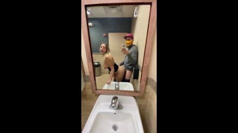 Blonde teen buts tits out for quick sex in public restroom 